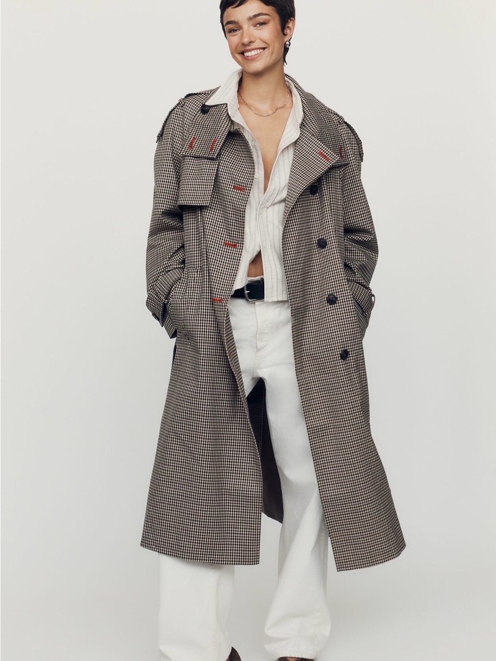 Anthropologie Houndstooth Long Trench Coat in Brown and Black